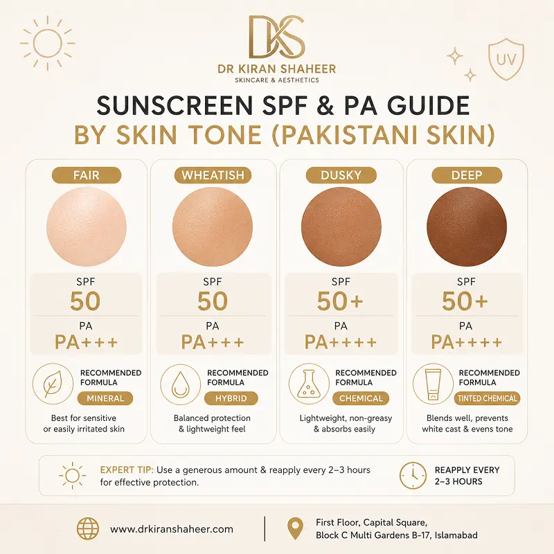 Sunscreen SPF and PA guide by skin tone for Pakistani skin